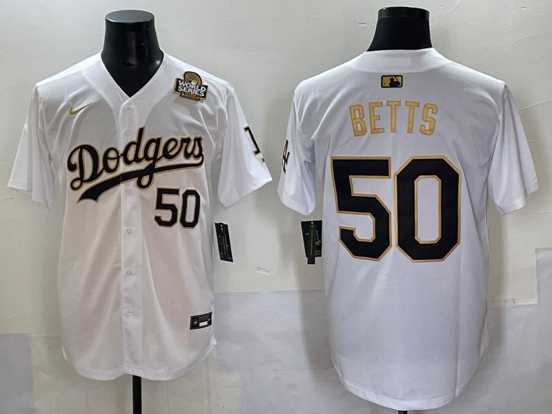 Men 2025 Los Angeles Dodgers 50 Betts White Gold Nike MLB Jersey style 6275